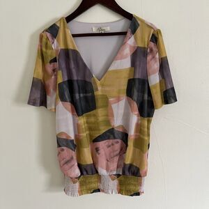 LES SEREIN Sheer Lined Art To Wear Abstract Ruffle Waist V Neck Top- Medium